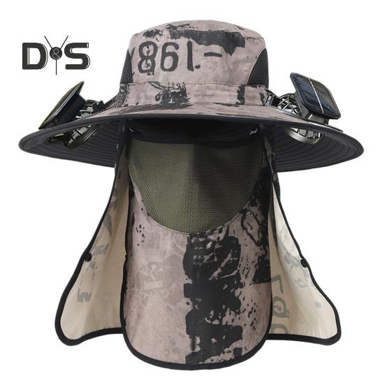 Wide Brim Sun Hat with 2 Solar Fan UV Protection Bucket Hat with Neck Flap And Face Guard 3 Speed Adjustable Fan Hat for Outdoor Fishing Camping