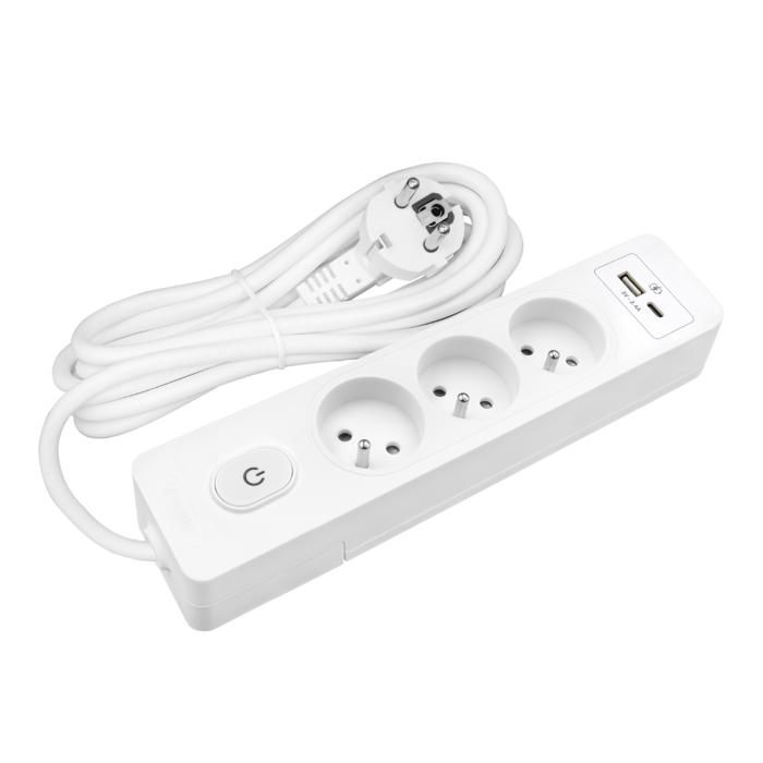 Удлинитель SELDUR G3FU32B, 3 розетки типа E + выключатель, USB A+C стандартная зарядка 12 Вт, Белый, кабель 3 м