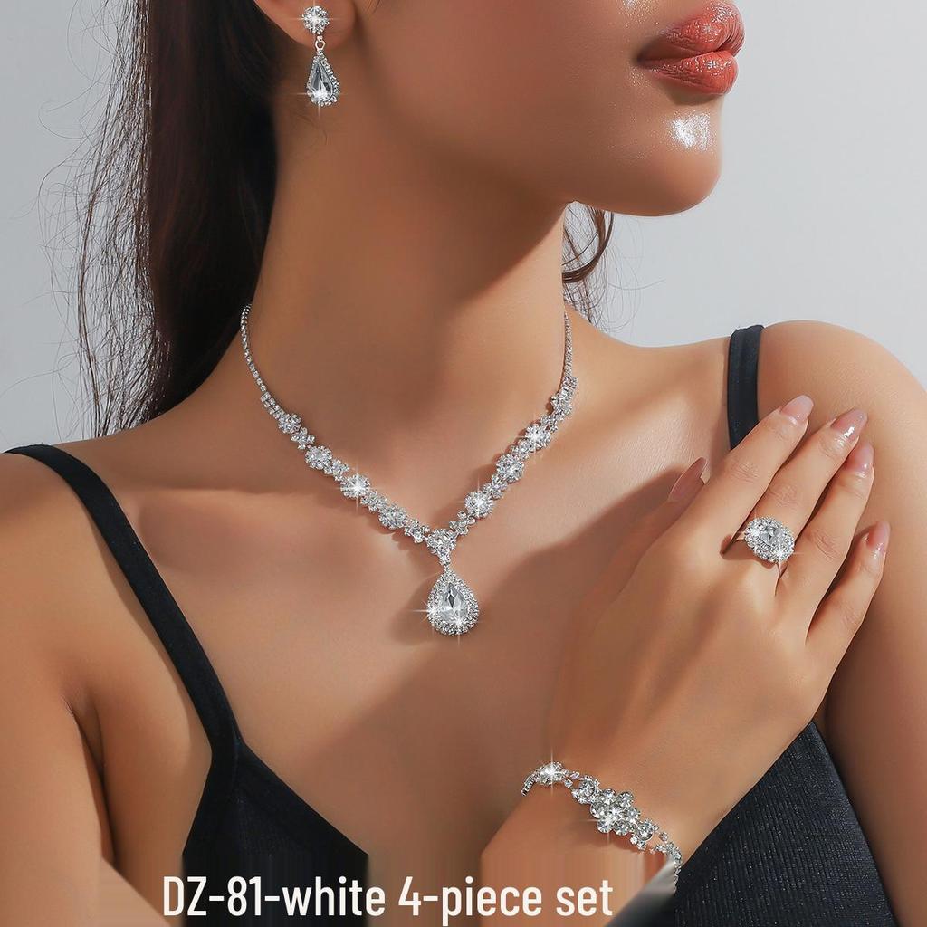 Европейский и американский многоцветный набор украшений со стразами: Зеленый, Синий и Красный Ожерелье, Серьги, Браслет и Кольцо