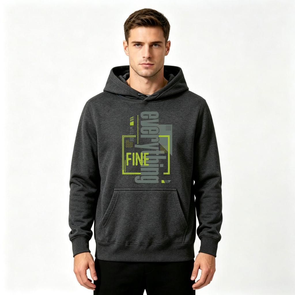 Men's Pullover Hoodie, Casual Slogan Graphics 'Everything Will Be Fine' Printed Long Sleeve Hooded Sweatshirt