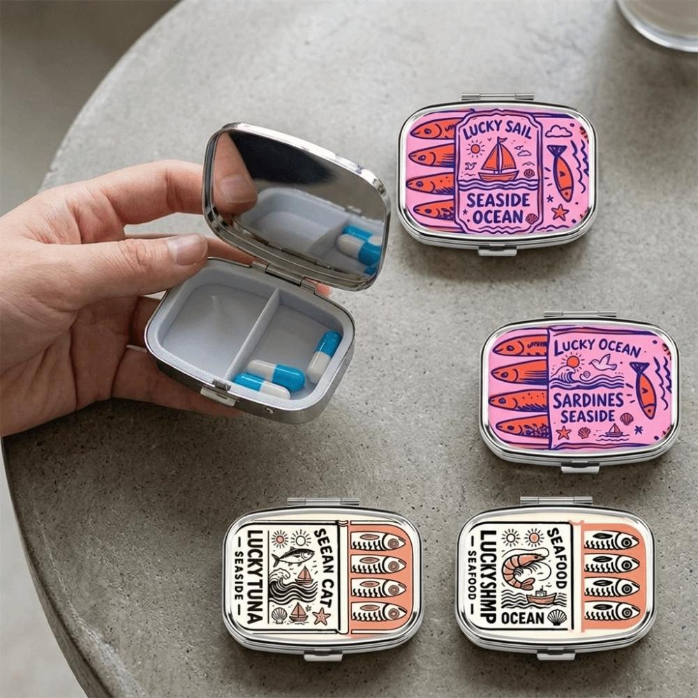 Mini 2 Grids Pill Box Cute Sardine Jewelry Box Sardine Print Pill Box Vitamins Pills