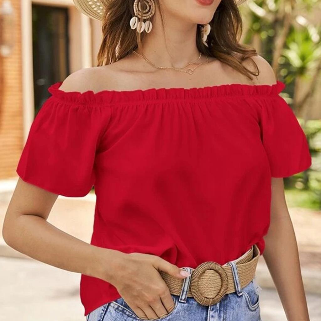 Женская летняя повседневная рубашка с открытыми плечами и оборками, короткий рукав