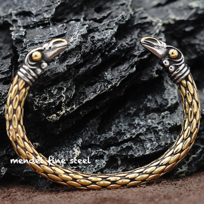 Mens Viking Raven Head Cuff Bangle Bracelet Gold Plated Stainless Steel