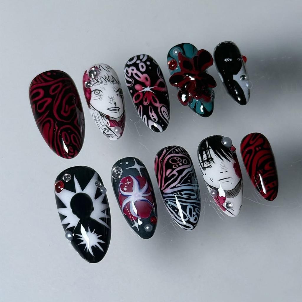 24PCS Dark Black Anime Nails Gothic Spiral Evil Eye Centipede Design Almond Press on Nails Horror Comic Gyaru Fake Nails Fashion