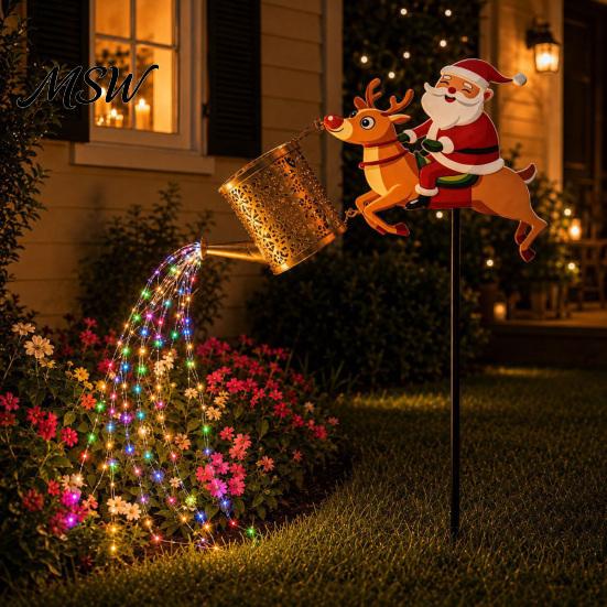 Christmas Holiday Patio Lights Solar Santa Watering Can Light, Garden Stake Decorative Lawn Lanterns LED Pathway Light for Festive Front Yard