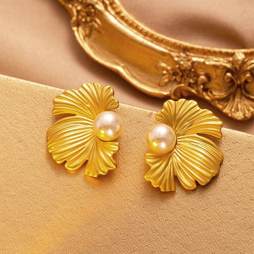 Textured Pearl Ear Studs Elegant Flower Earrings Jewelry Creative Ginkgo Leaf Earrings Party