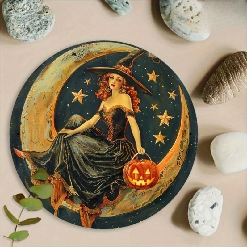 Witch Broom Halloween Sign, Round Aluminum Wall Plaque 20x20cm