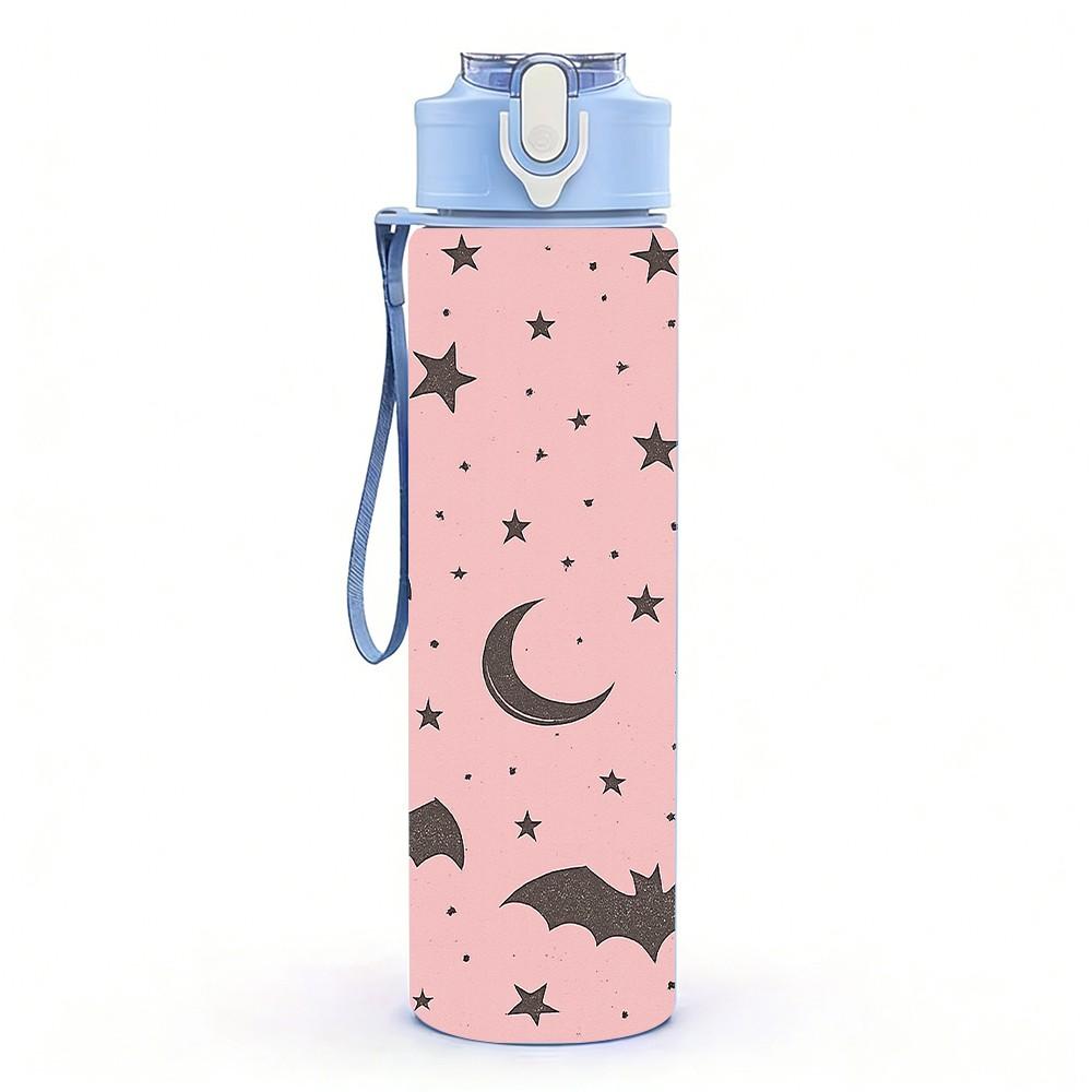 1PC Pink Moon Bat Star Pattern Print 750ml Color Plastic Sports Water Bottle Leakproof Flip Straw Lid Suitable for Sports Office Home Use