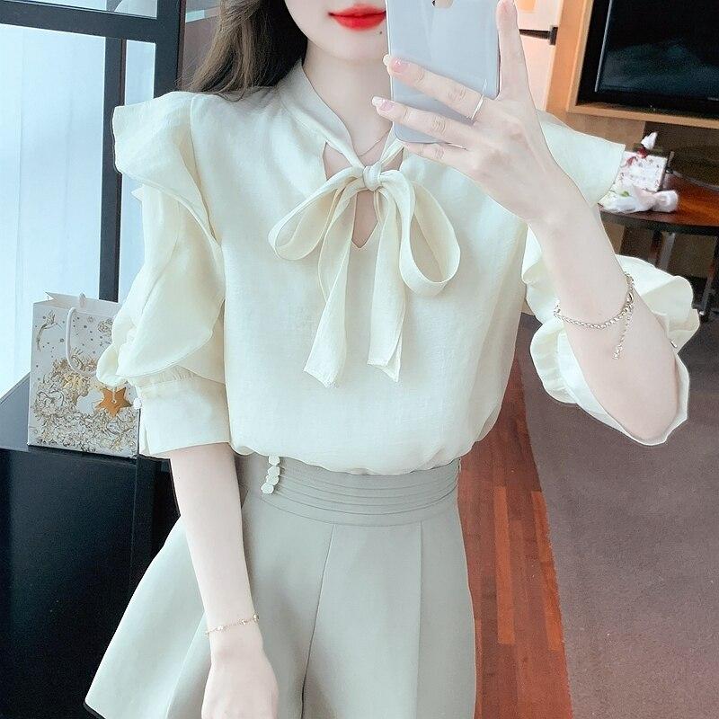 Летняя шифоновая блузка с бантом на шнуровке и оборками, повседневный французский сладкий топ с v-образным вырезом, женская рубашка 2023, рубашка с короткими рукавами, женская одежда, элегантная 27485