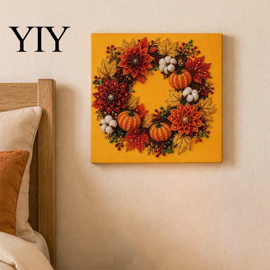 Wall Art for Living Room Pumpkin Faux Pearl Kit, Fall Wreath Painting Autumn Harvest Craft Kits Beginners 3D Bead Kit Adults Beginners, Home
