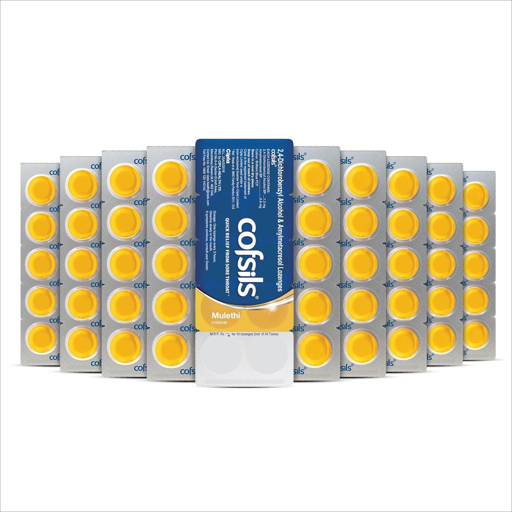 Cipla Cofsils Lozenges Mulethi Flavour 200 Lozenges 10 x 20 Strips Quick Soothing Relief for Throat