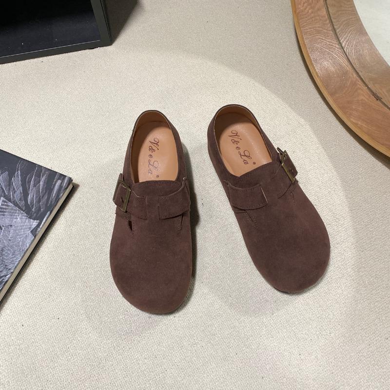 Fashion Spring New Inner Increase Single Shoes Women's Fashion Round Head Suede Metal Buckle Non-slip Wear-resistant Flat Shoes