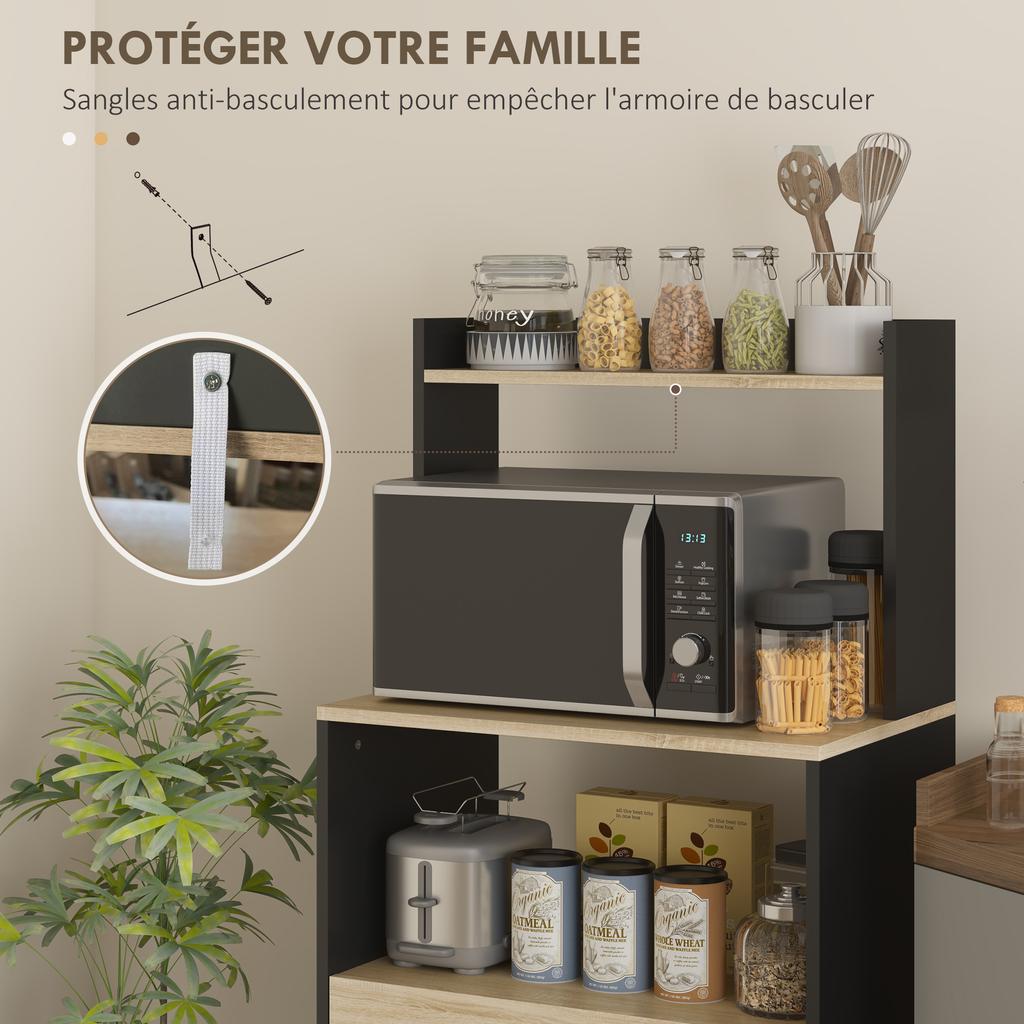 Microwave Cabinet, Kitchen Sideboard, Cupboard, Drawer, Top Shelf, 60 x 40 x 131 cm, Oak and Black