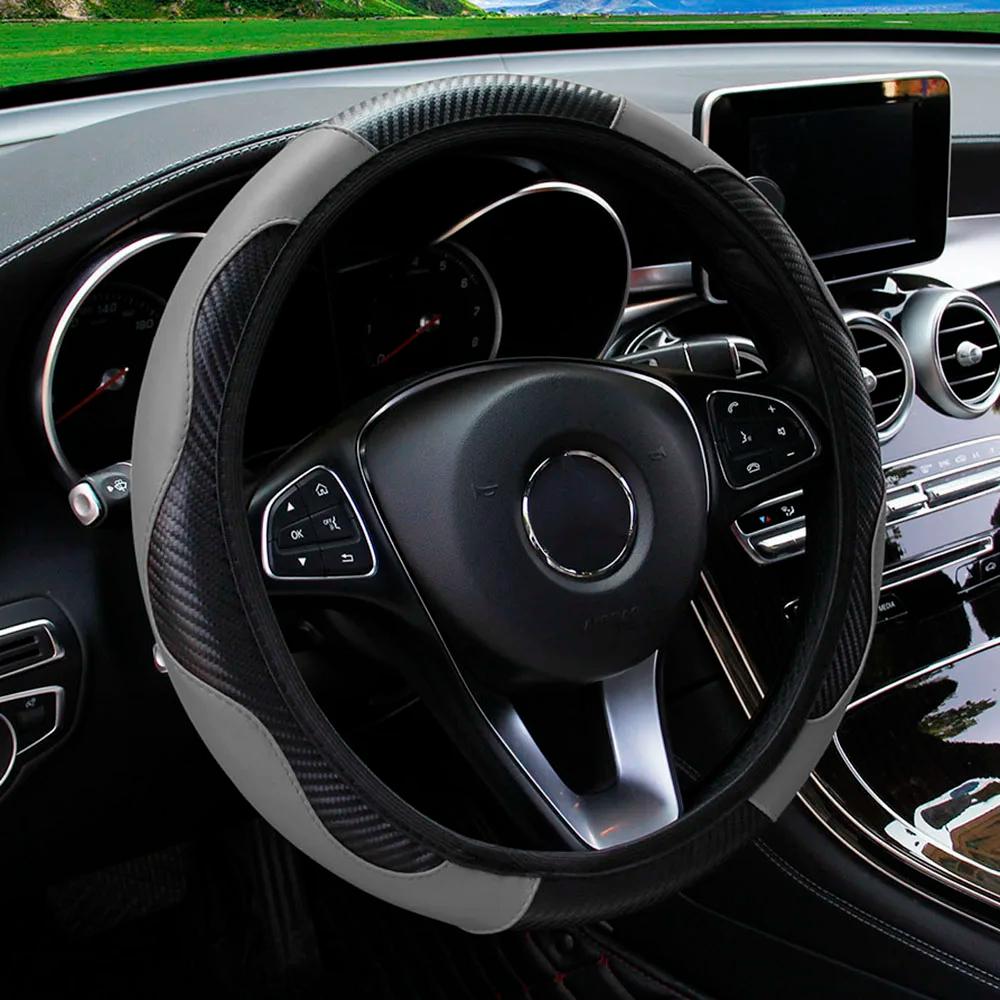 PU Carbon Fiber Leather Car Steering Wheel Cover Without Inner Ring Suitable for 14.5-15 Inches of Automotive Supplies