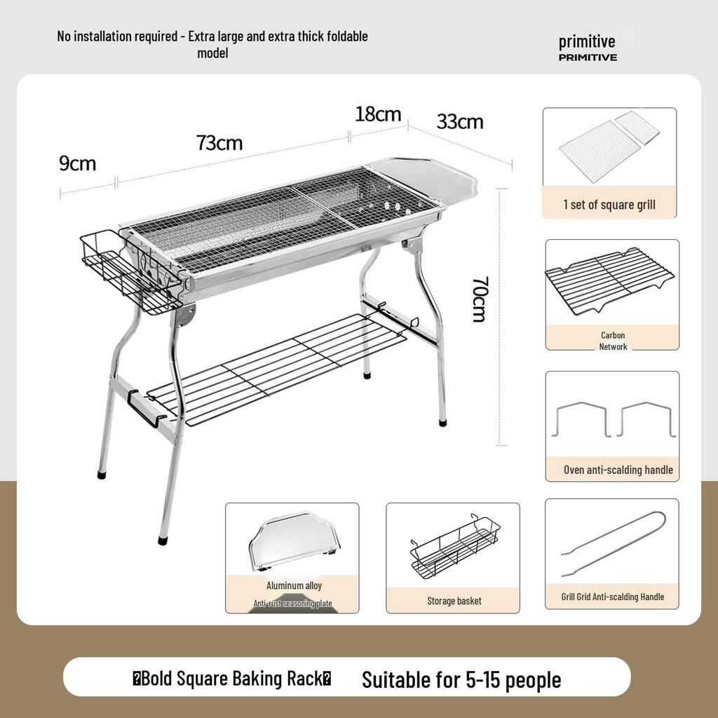 Большой портативный складной угольный гриль-барбекю из нержавеющей стали для использования на открытом воздухе и дома