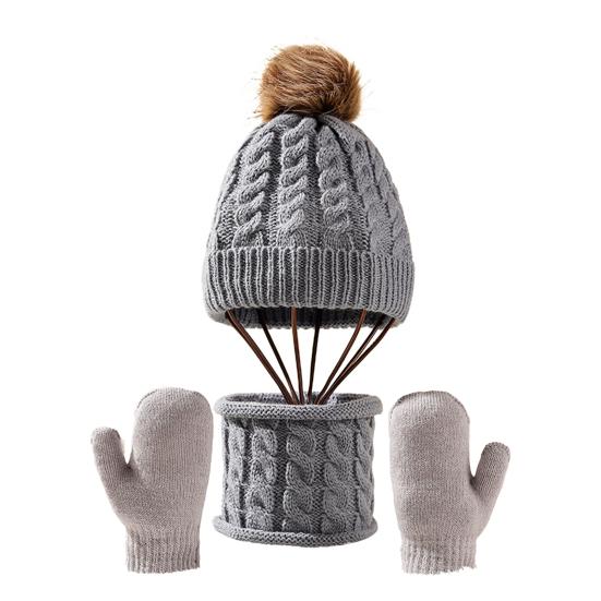 Набор из 3 предметов: детская шапка, шарф, перчатки, украшенный плюшевым помпоном, вязаный узором «косичка», утолщенный, теплый, без полей, длинный шарф, набор перчаток для сенсорного экрана