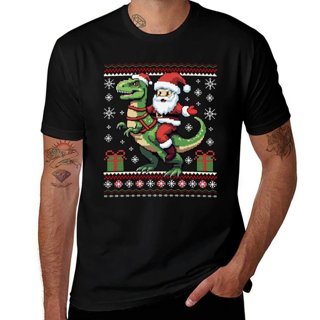 Santa Riding T Rex Dinosaur Funny Ugly Christmas Sweater Family Matching Tshirt Essential Solid Color Tshirt