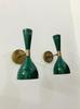 Mid Century Modern Brass Wall Sconce: Green Diabolo Lamp, Pair