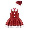 Kids Girls Christmas Party Dance Performance Costume Sleeveless Sequins Dress with Hat Set