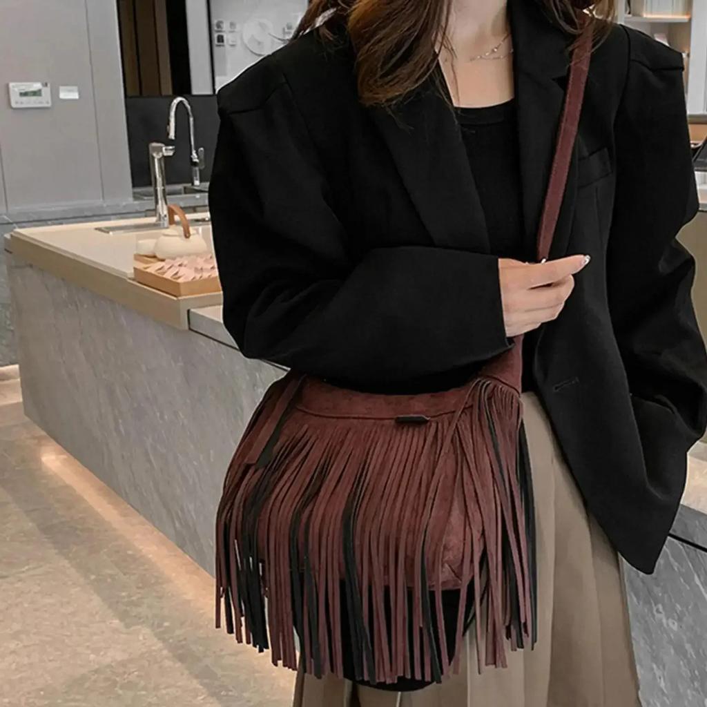 Large Retro Fringed Handbag Totes Bag PU Messenger Bag Zipper Soft Ethnic Style Women’s Fringed Leather Shoulder Bag