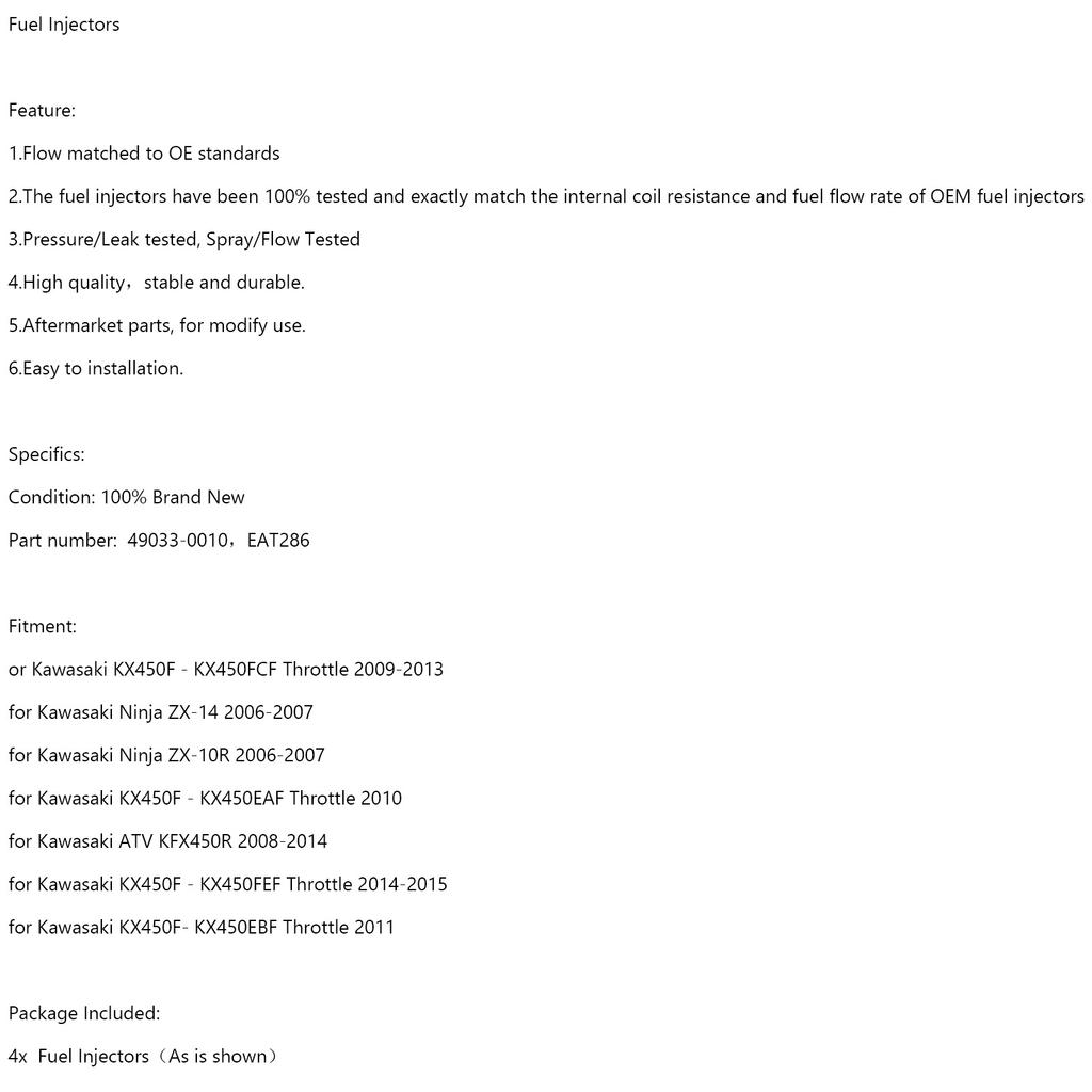 4PCS EAT286 49033-0010 Fuel Injector for Kawasaki Ninja ZX-14 ZX-10R KX450F