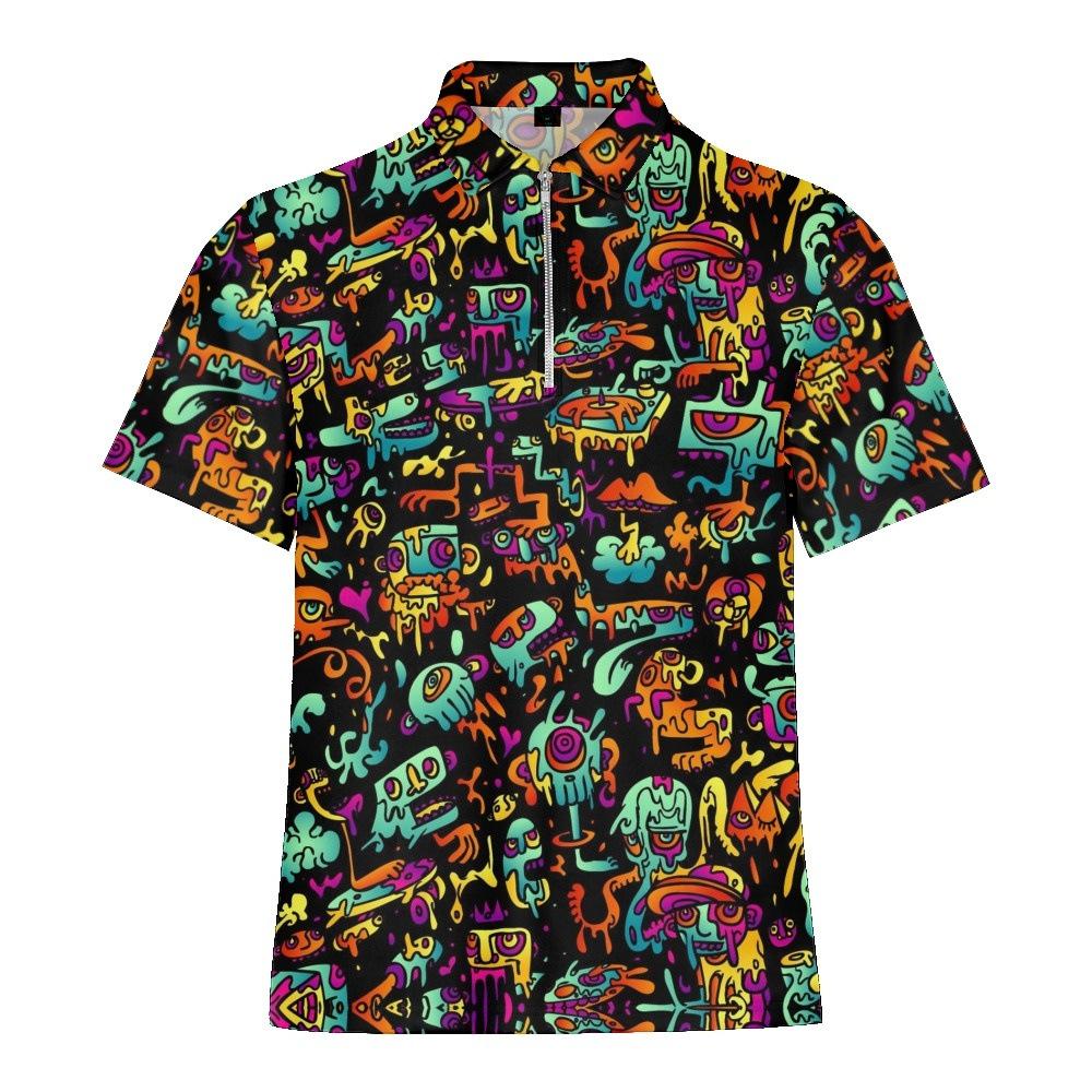 Cartoon Monster Print Short Sleeve Polo, Cool Street Style Casual Top