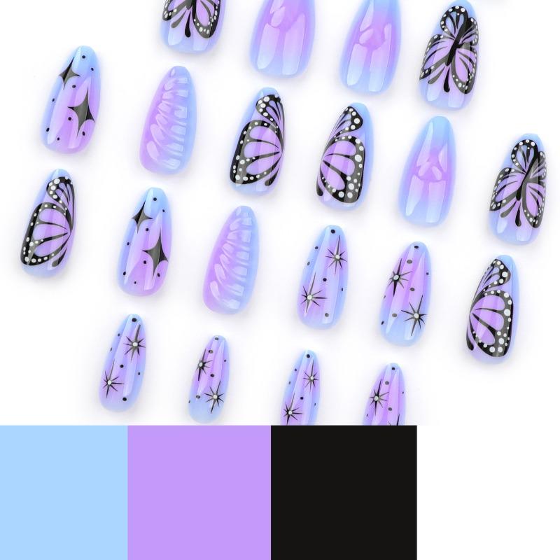 Purple smudge 3D love wearing nail short almond manicure fake nail butterfly star nails nail patch