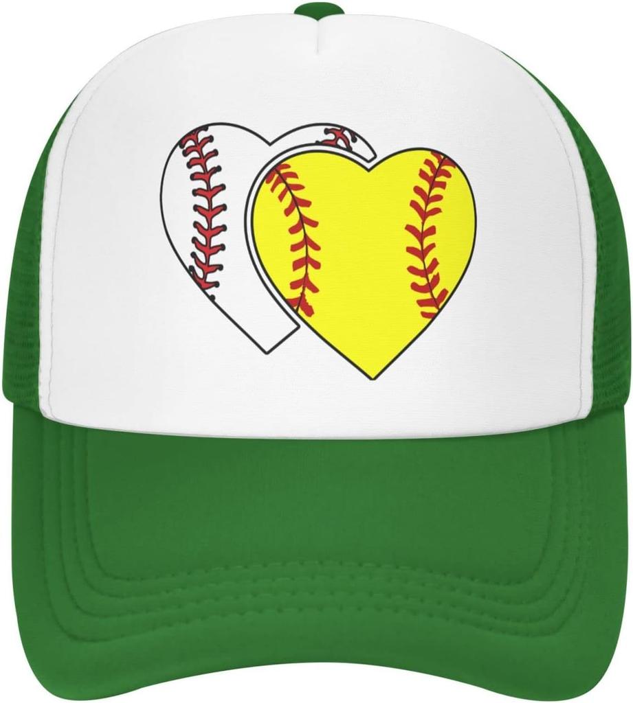 Softball Heart Graphic Trucker Hat Polyester Mesh Adjustable Baseball Cap Casual for Men Women