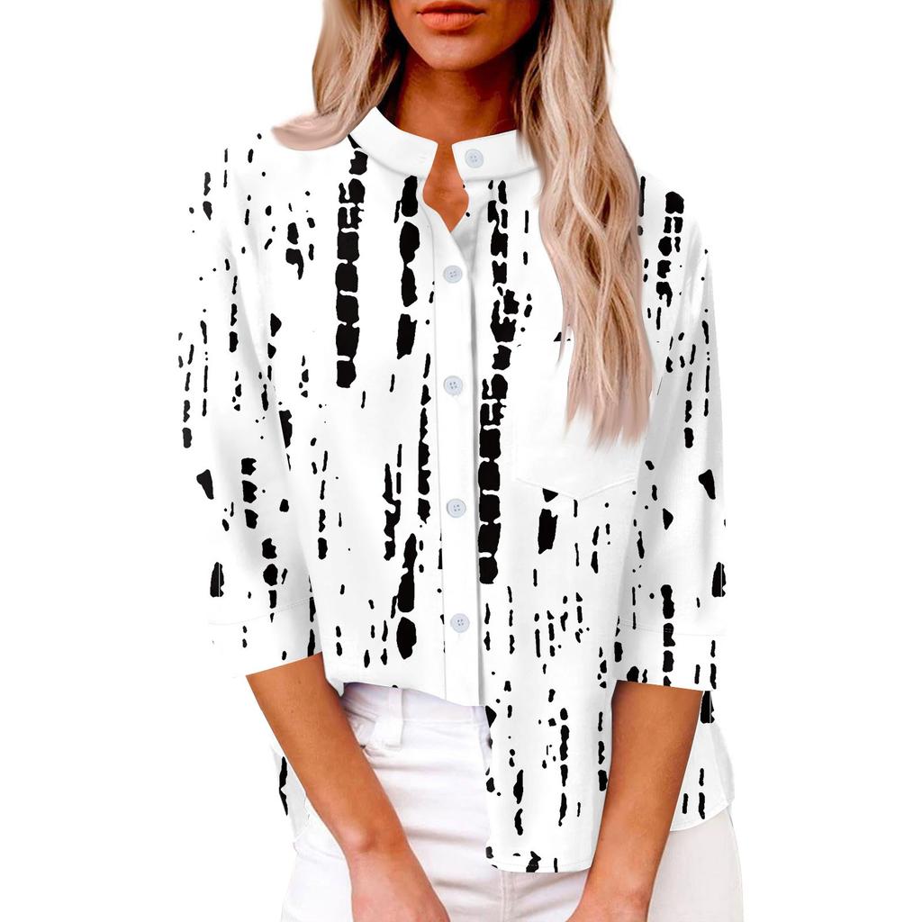 Women's Fashion Casual Shirt Button Loose Seven Sleeve Striped Patchwork Printed Top