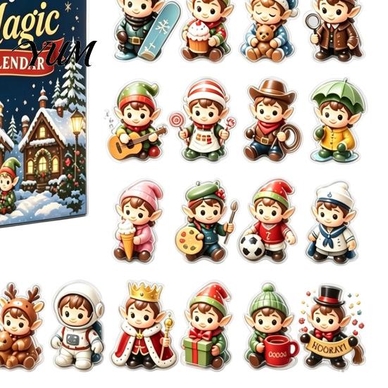 Desktop Festive Holiday Decor Magic Elf Advent Calendar, 24 Day Acrylic 2D Ornament Set with Durable Patches Cute Mini Figures, Christmas Tree Hanging