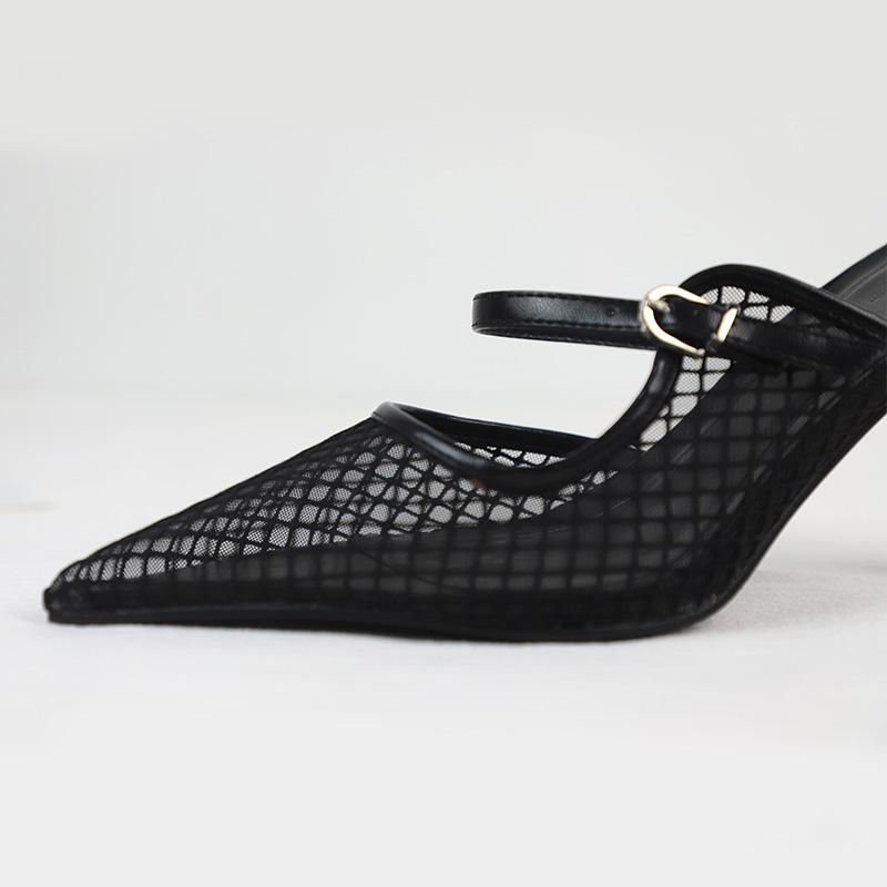 Модные женские босоножки на высоком каблуке с острым носком и сексуальной сеткой, лето 2025, новый дизайнерский черный слингбэк, элегантные туфли-стилет для офисной леди