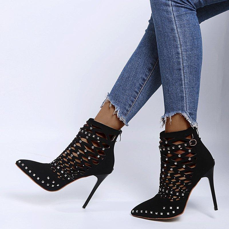 Gladiator Sandals Summer Spring Pointed Toe Rivets Studded Cut Out Caged Ankle Boots Stiletto Heel Women Shoes