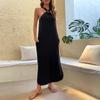 Summer Women's Solid Color Halter Strap Black Sleeveless Loose Split Long Dress