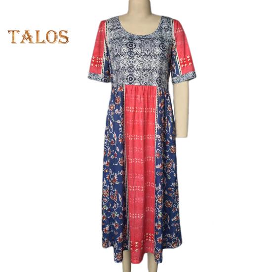 Летнее женское платье Плиссированное этническое платье с принтом А-силуэта Свободный подол Боковые карманы Круглая шея Мягкие богемные короткие рукава До середины икры Женские повседневные миди