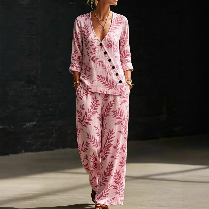 Summer new purple bottom plant branches and leaves printing V-neck diagonal shirt wide-leg pants two-piece set women's casual wear