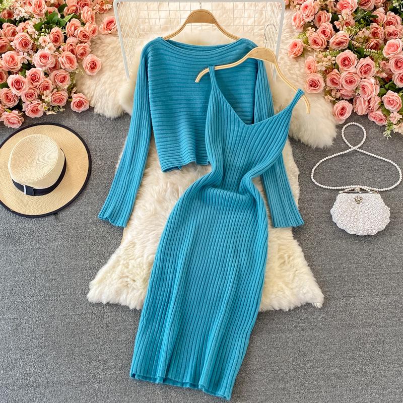 Осенний женский комплект платья-свитера, шикарный короткий вязаный свитер, топ с бретелькой на шее, платье с v-образным вырезом, темпераментное платье на бедрах, многослойный комплект из двух предметов