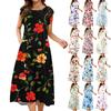 Женское цельное платье с короткими рукавами, расклешенными рукавами, свободное повседневное платье с цветочным принтом и круглым вырезом