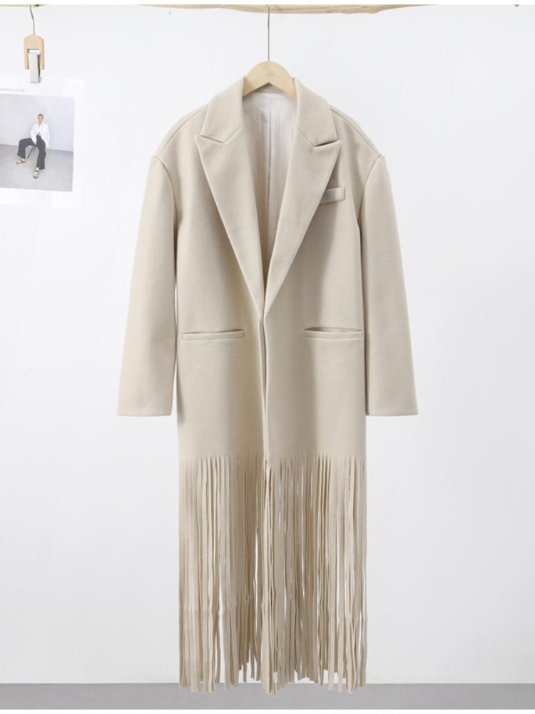 Шерстяное пальто с кисточками, женское, отложной воротник, длинный рукав, карман, женская осенняя куртка