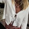 Женские рубашки на шнуровке с бантом, свободные топы с v-образным вырезом и длинными рукавами, женские весенние новые женские уличные топы