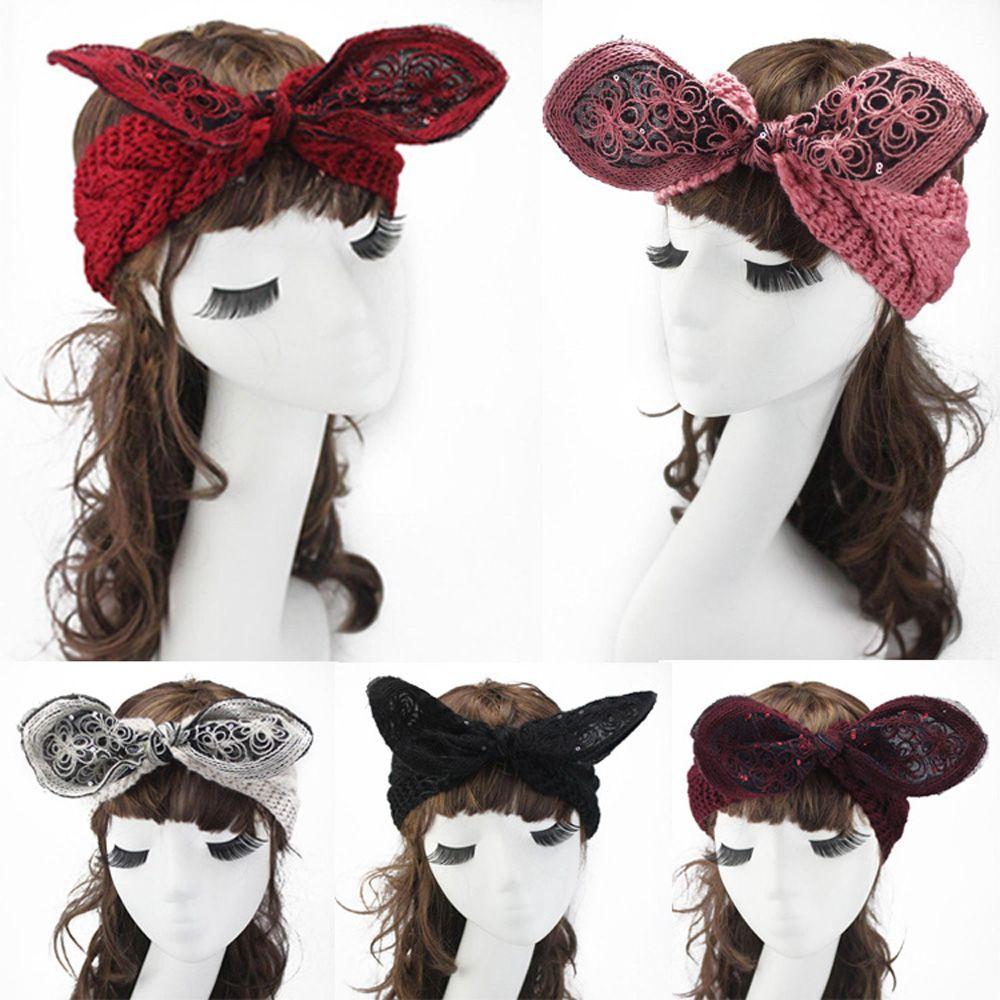 Богемская Женская Девичья Цветочная Повязка на Голову с Бантом и Ушками Кролика Тюрбан Вязаная Крючком Повязка на Волосы