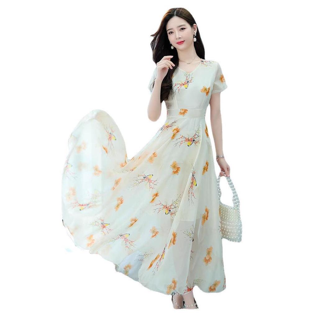 Summer 2022 Retro Slim-Fit Printed Dress with Waist Definition and Short Sleeves