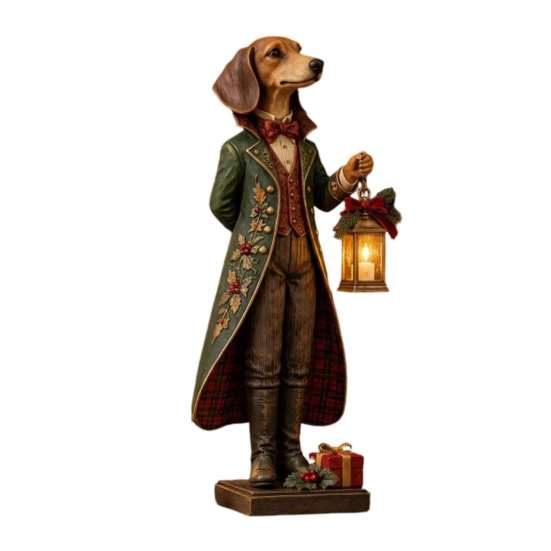 Hand Painted Puppy Desk Accessory Christmas Dachshund Figurine with Lighted Lantern, Resin Gentleman Dog Statue, Holiday Tabletop Decor for