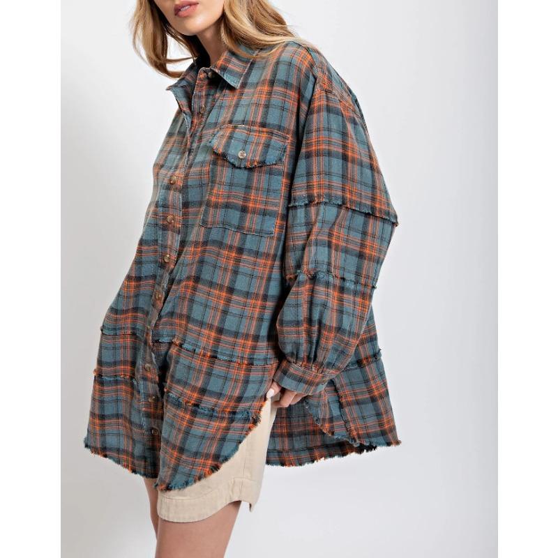 Женская осенне-зимняя свободная клетчатая рубашка на пуговицах с рукавами-фонариками с бахромой