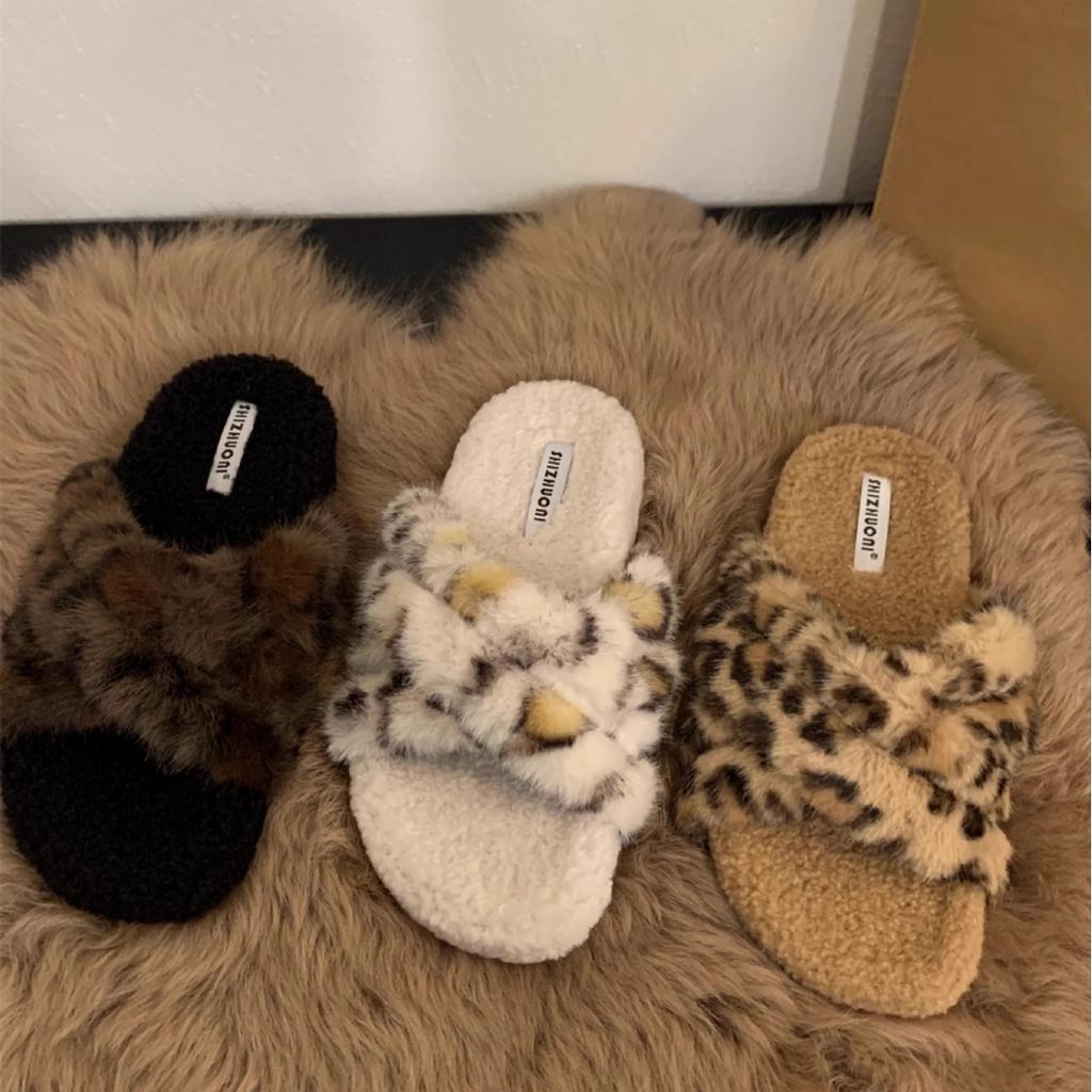 Platform Leopard Print Fluffy Shoes Women's Shoes Wear 2025 New Autumn and Winter Cotton Slippers Lamb Wool Fashion Cotton Shoes