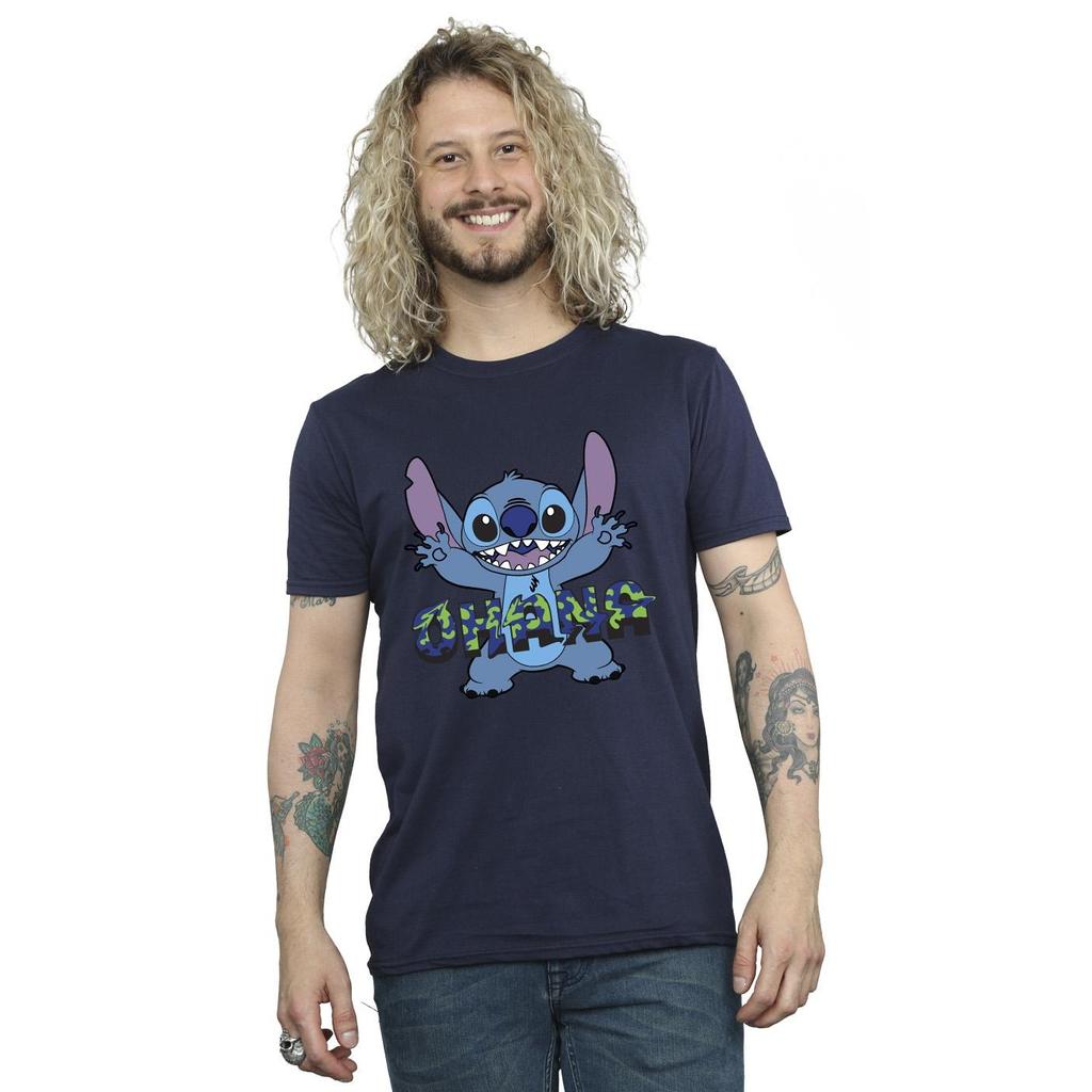 Disney Mens Lilo And Stitch Ohana Blue Glitch T-Shirt