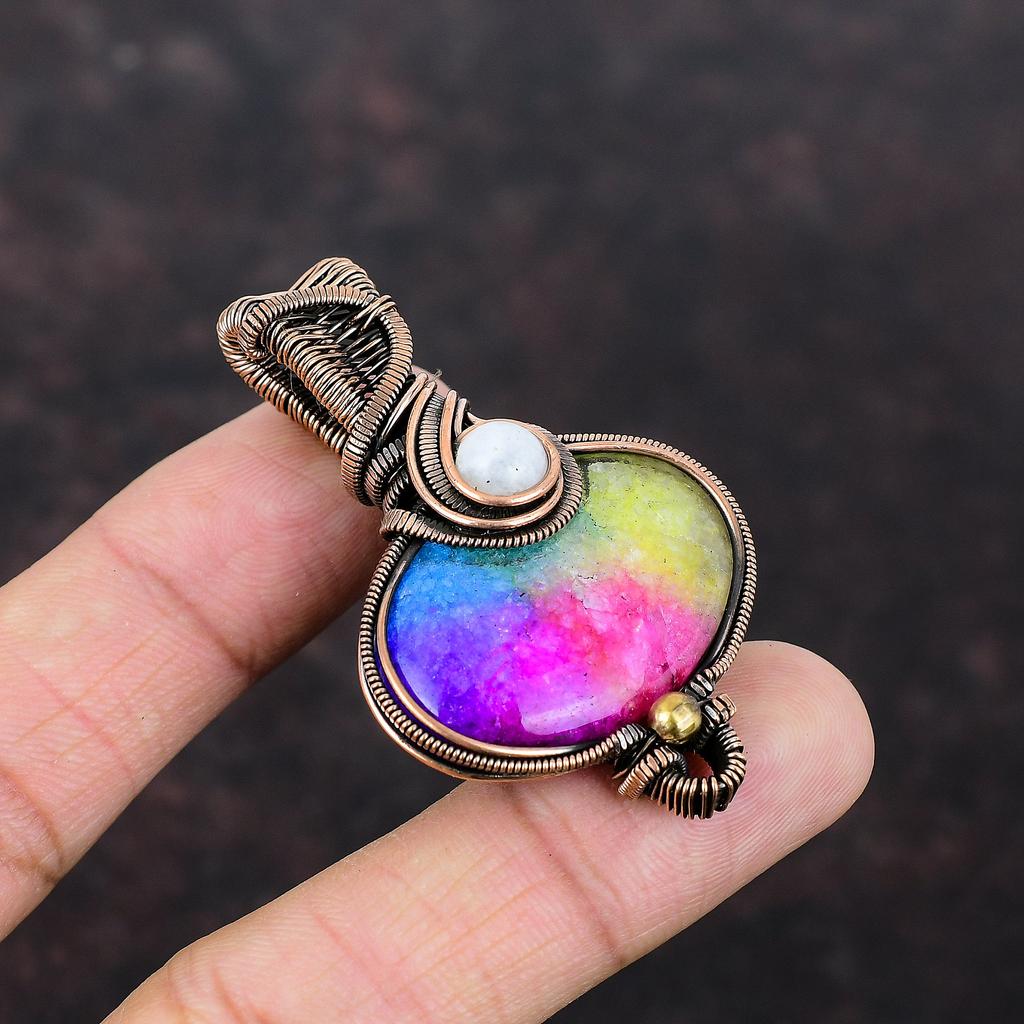 Подвеска Rainbow Solar Quartz Druzy, подвеска Rainbow Moonstone, подвеска из медной проволоки, обернутая драгоценным камнем, медные украшения для подарка, ювелирные изделия ручной работы