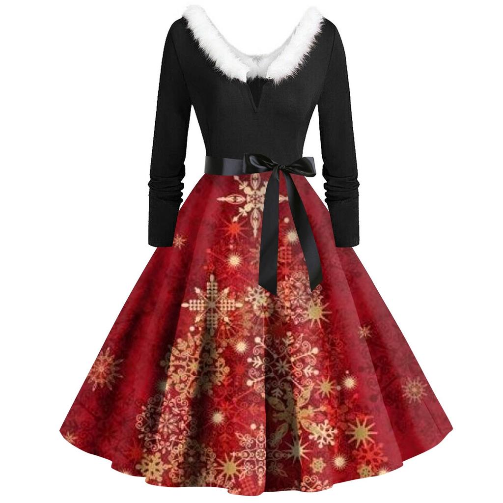 Женское винтажное платье с длинным рукавом и рождественским принтом в стиле 1950-х годов для вечеринки, выпускного вечера, для домохозяйки