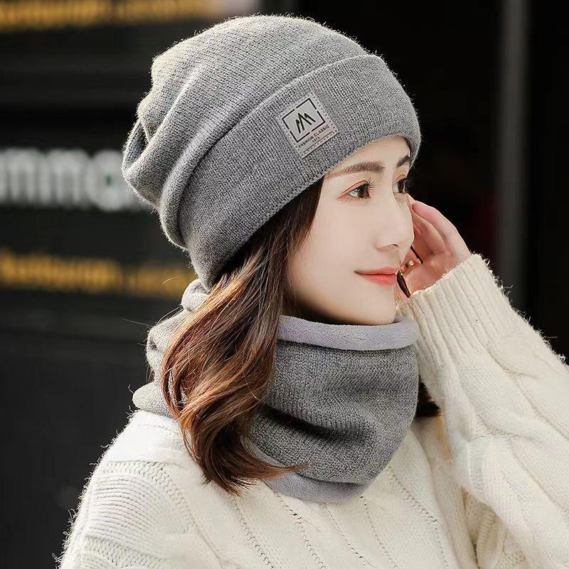 Women Knitted Beanie+Scarf Sets Thicken Velvet Lining Pullover Cap Unisex Winter Warm Plush Bonnet Neck Protection Scarves Hat