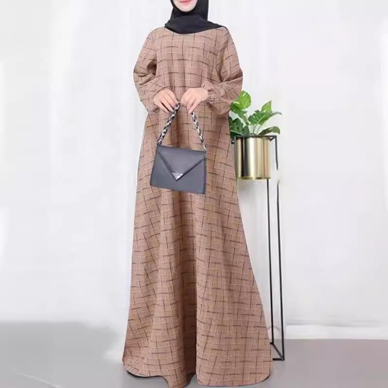In-Stock Women's Cotton Linen Plaid Long Sleeve Maxi Dress - Casual Loose-Fit for Spring/Autumn