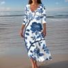 Women's Vintage Print Tunic Waisted Midi Dress Summer Casual 3/4 Sleeve Dress Dress